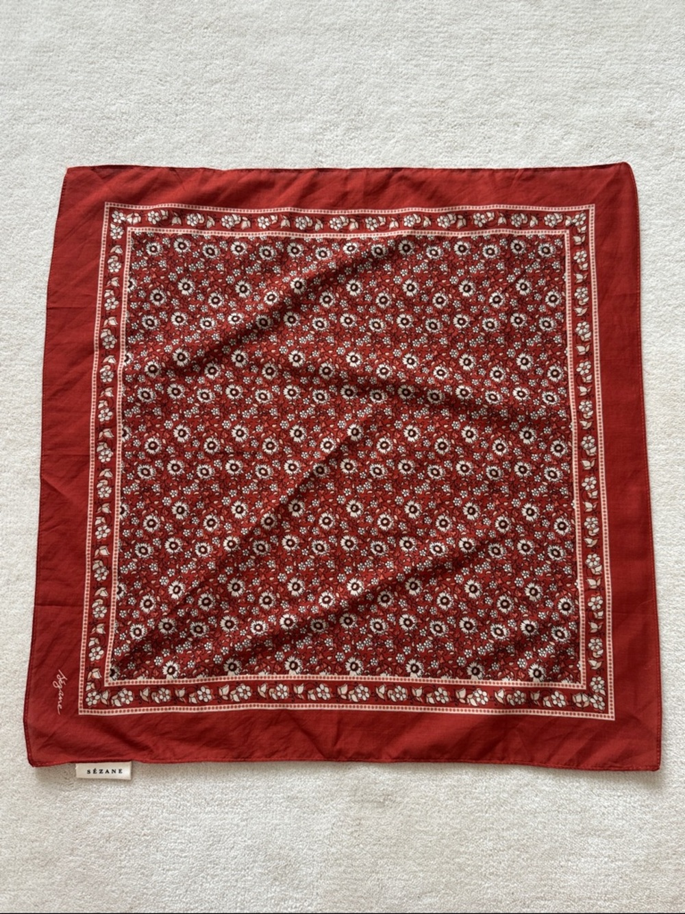 Sezane Red and White Floral Bandana Scarf
